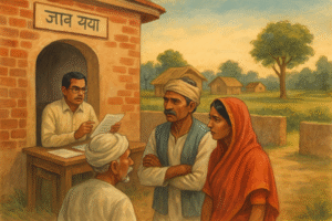 Village land dispute scene outside Bihar revenue office, linked to Patna High Court mutation judgment.