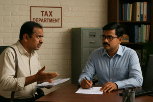 Indian tax office scene of businessman and officer discussing Bihar VAT demand dispute