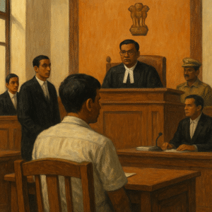Courtroom illustration of Patna High Court judgment on contractual dresser’s service extension dispute in Bihar health system.