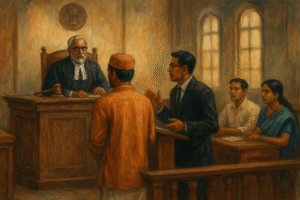 Courtroom painting of Patna High Court case on PDS ration shop licence cancellation in Bihar for violation of natural justice.