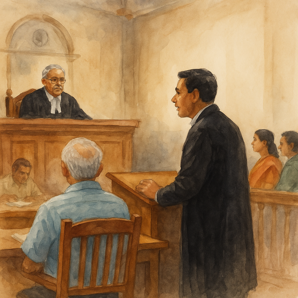 Watercolor courtroom illustration showing Patna High Court hearing on cancellation of promotion without notice