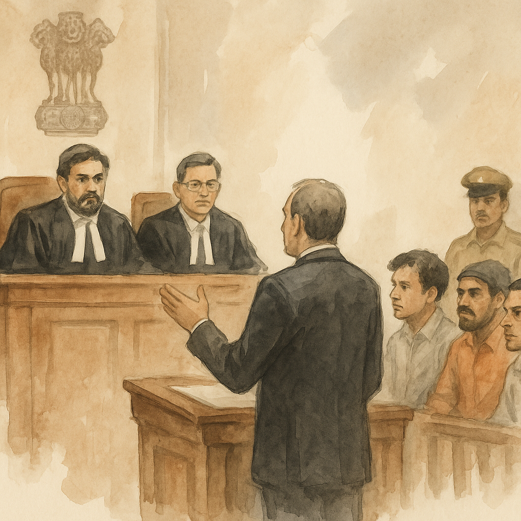 Watercolor courtroom illustration of Patna High Court judges hearing a political murder acquittal appeal
