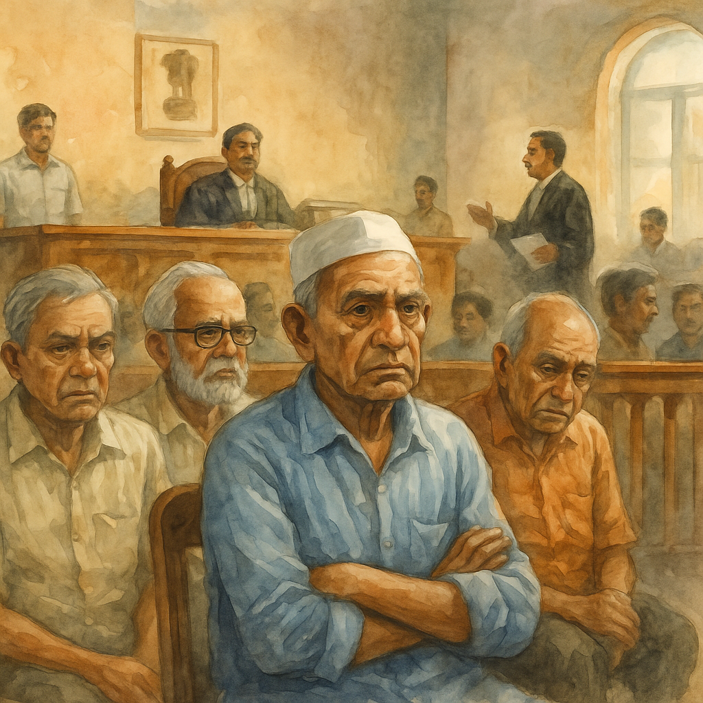 Watercolor courtroom illustration of elderly workers fighting for pension rights in Patna High Court.