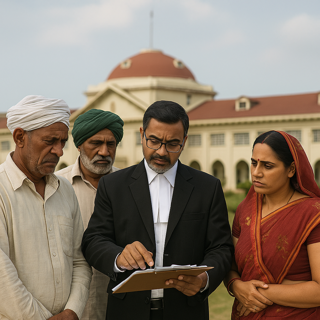 “Lawyer discussing sugarcane pricing dispute with farmers outside Patna High Court”