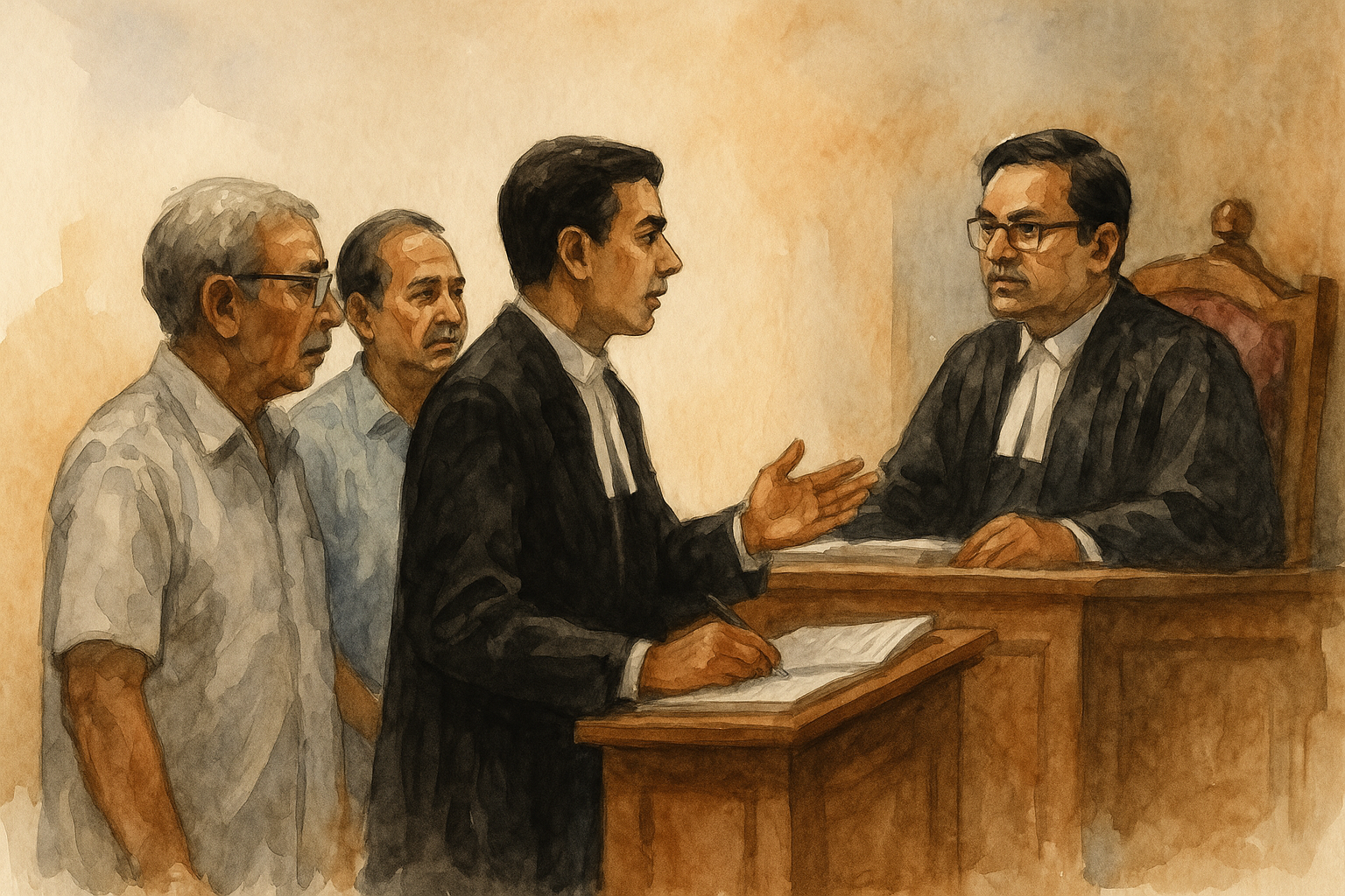 “Watercolor courtroom illustration of retired employees with lawyer arguing officiating allowance case before Patna High Court judge”
