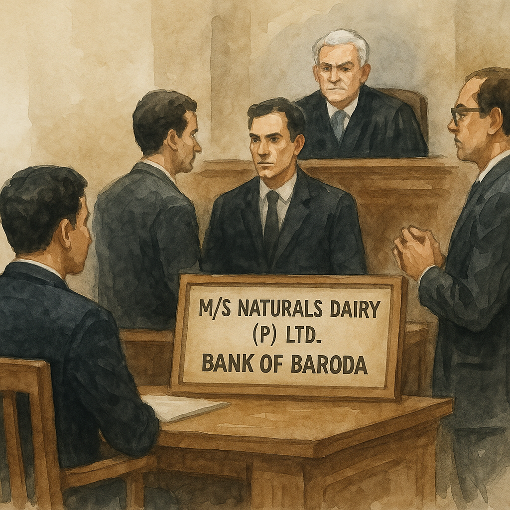 Watercolor courtroom painting showing borrower and bank lawyers disputing one-time settlement interest before Patna High Court judge
