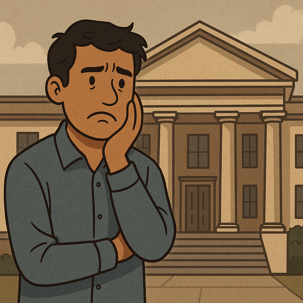 Illustration of a concerned man outside courthouse, symbolizing Patna High Court decision modifying bail condition on maintenance payment.