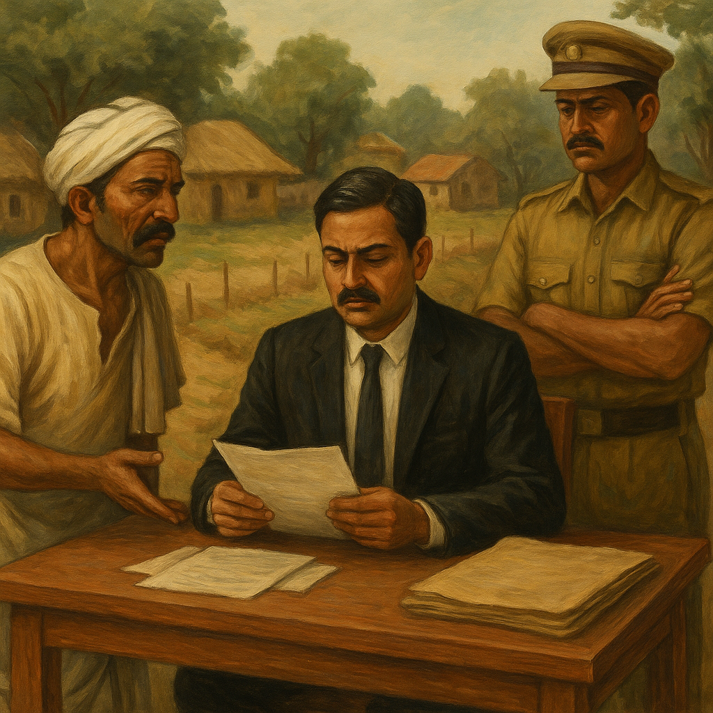 Traditional painting of a rural land dispute with a farmer, government officer, and police in Bihar, reflecting Patna High Court encroachment case.