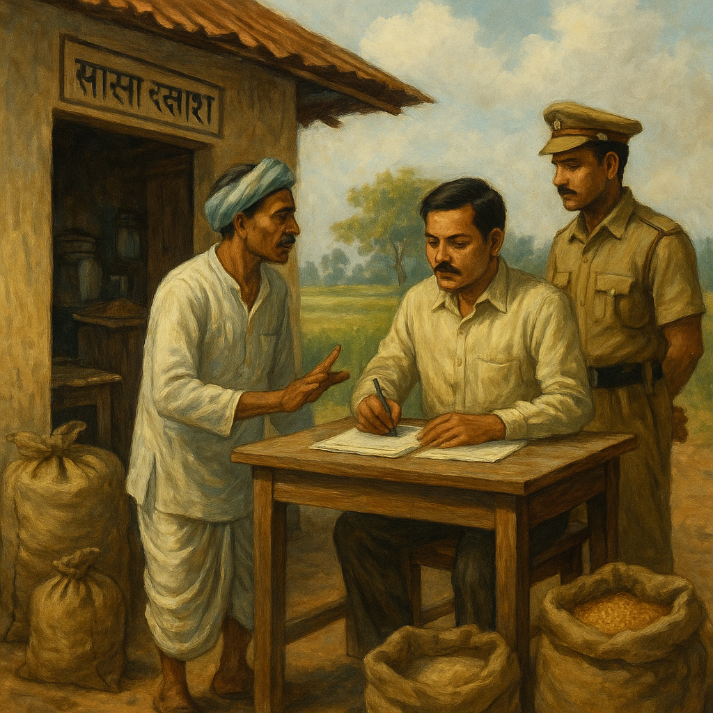 Traditional painting of a rural ration shop dispute with farmer, official, and police officer symbolizing Patna High Court PDS license cancellation case.