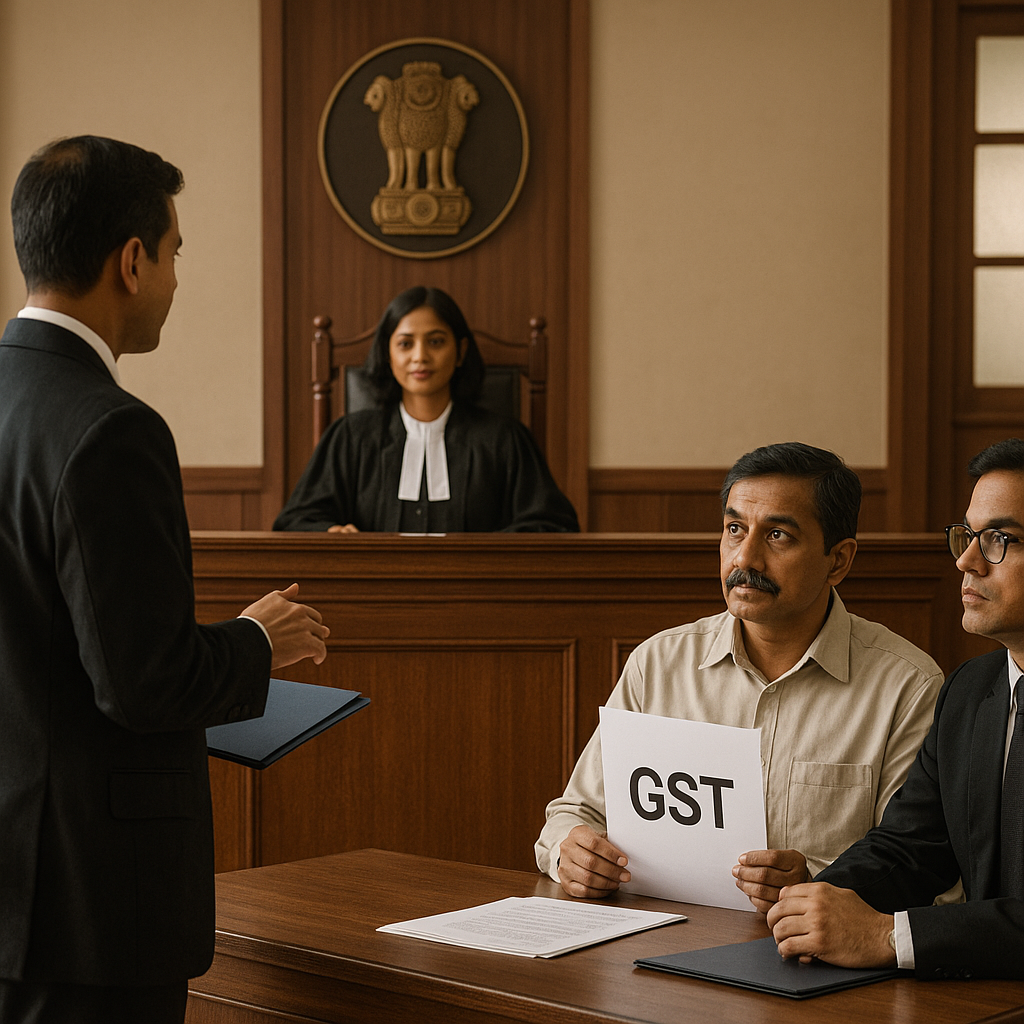 Courtroom illustration of GST dispute hearing in Patna High Court, showing judge, lawyers, and petitioner during tax assessment case.