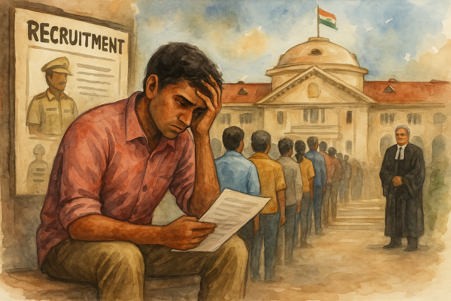 Watercolor illustration of a candidate worried about missing recruitment cutoff, outside Patna High Court with judge and waiting applicants.
