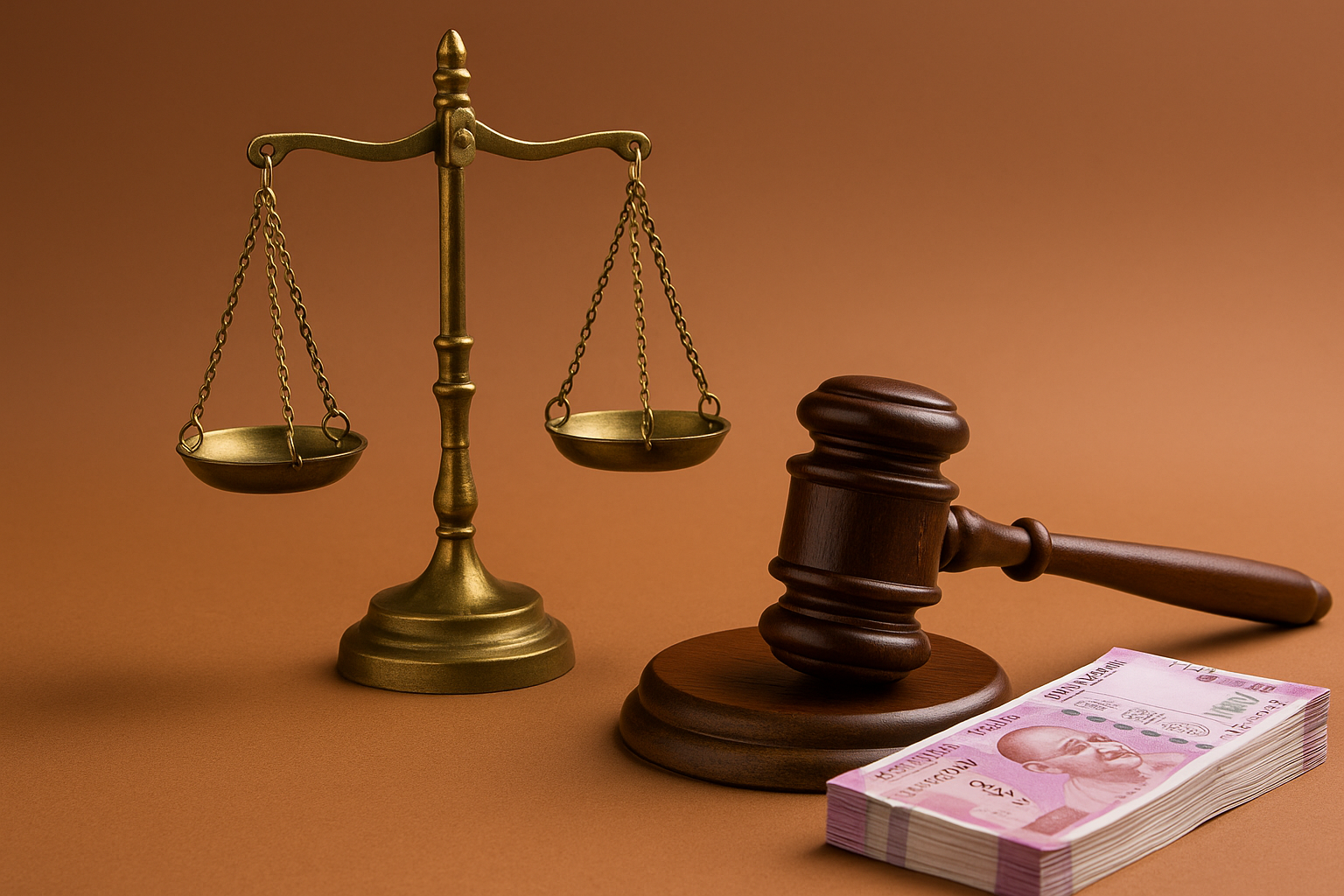 Photograph of brass balance scale, gavel, and Indian currency symbolizing Patna High Court decision on gratuity and provident fund interest dispute.