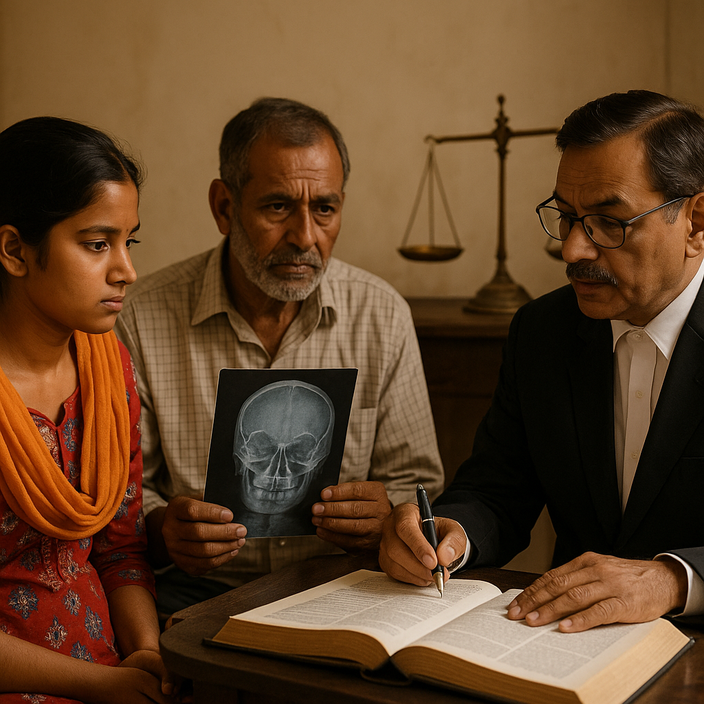 Indian courtroom consultation about age determination in POCSO case, with lawyer, family, and X-ray evidence