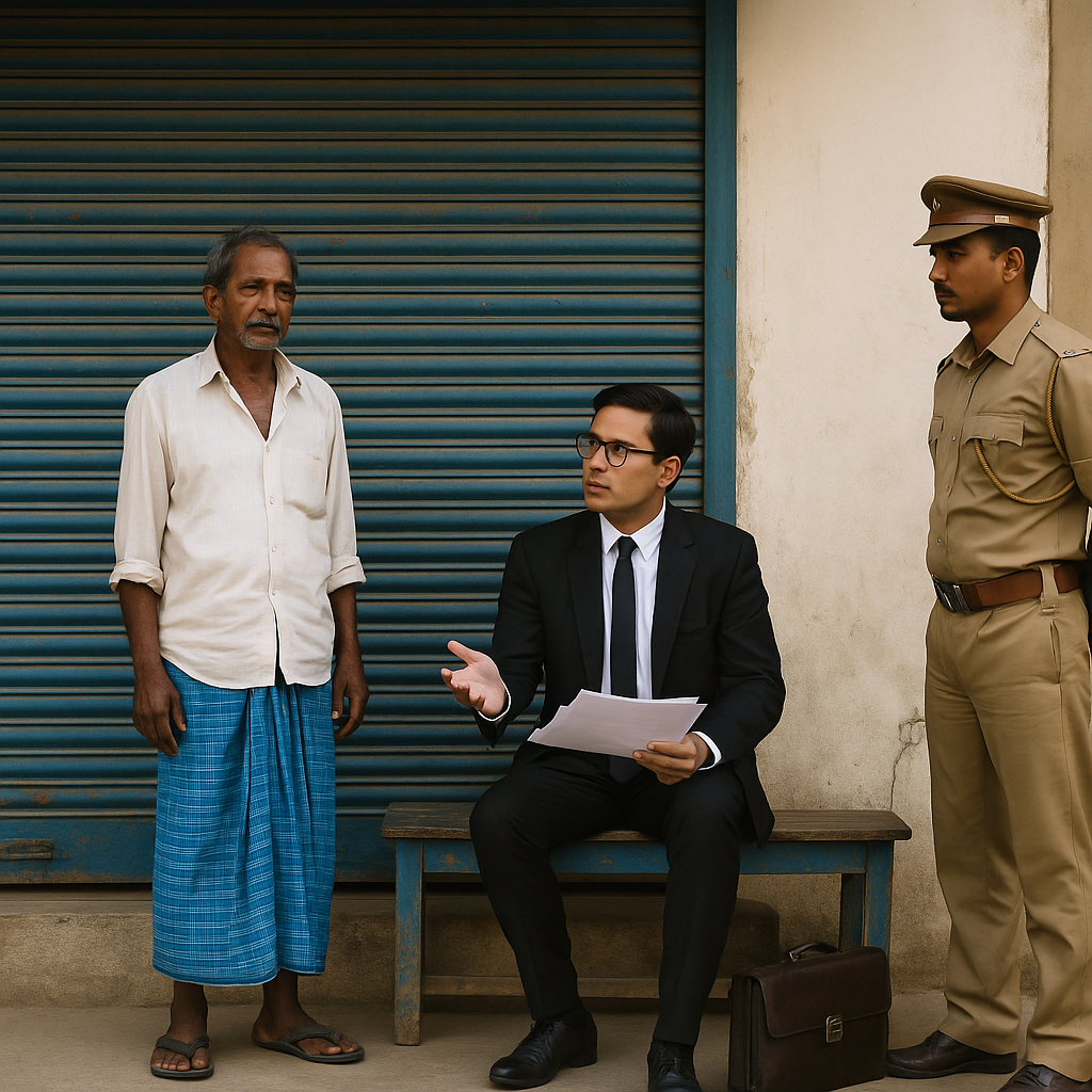 Indian courtroom-style illustration showing dispute over closure of a Fair Price Shop and Patna High Court’s ruling on licence cancellation