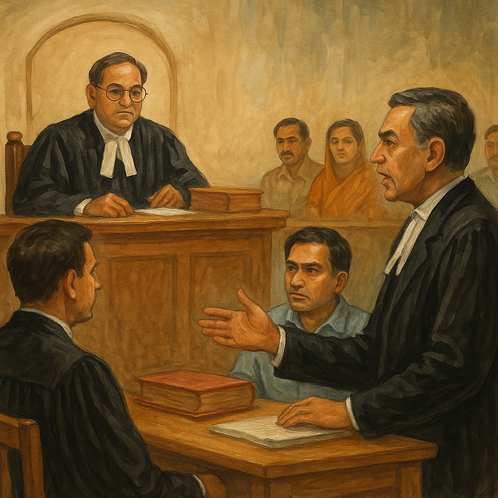 Courtroom painting showing dispute over termination of construction contract heard in Patna High Court