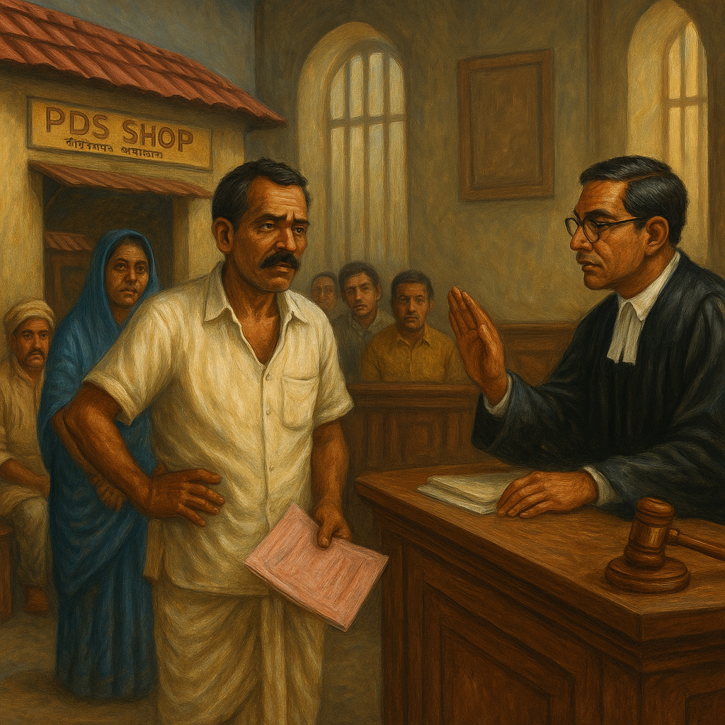 “Courtroom painting of PDS ration shop owner challenging cancellation of licence in Patna High Court”