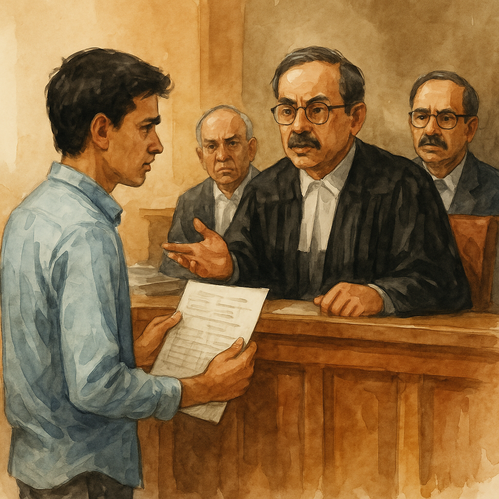 Watercolor illustration of a student presenting exam result dispute before judges in Patna High Court