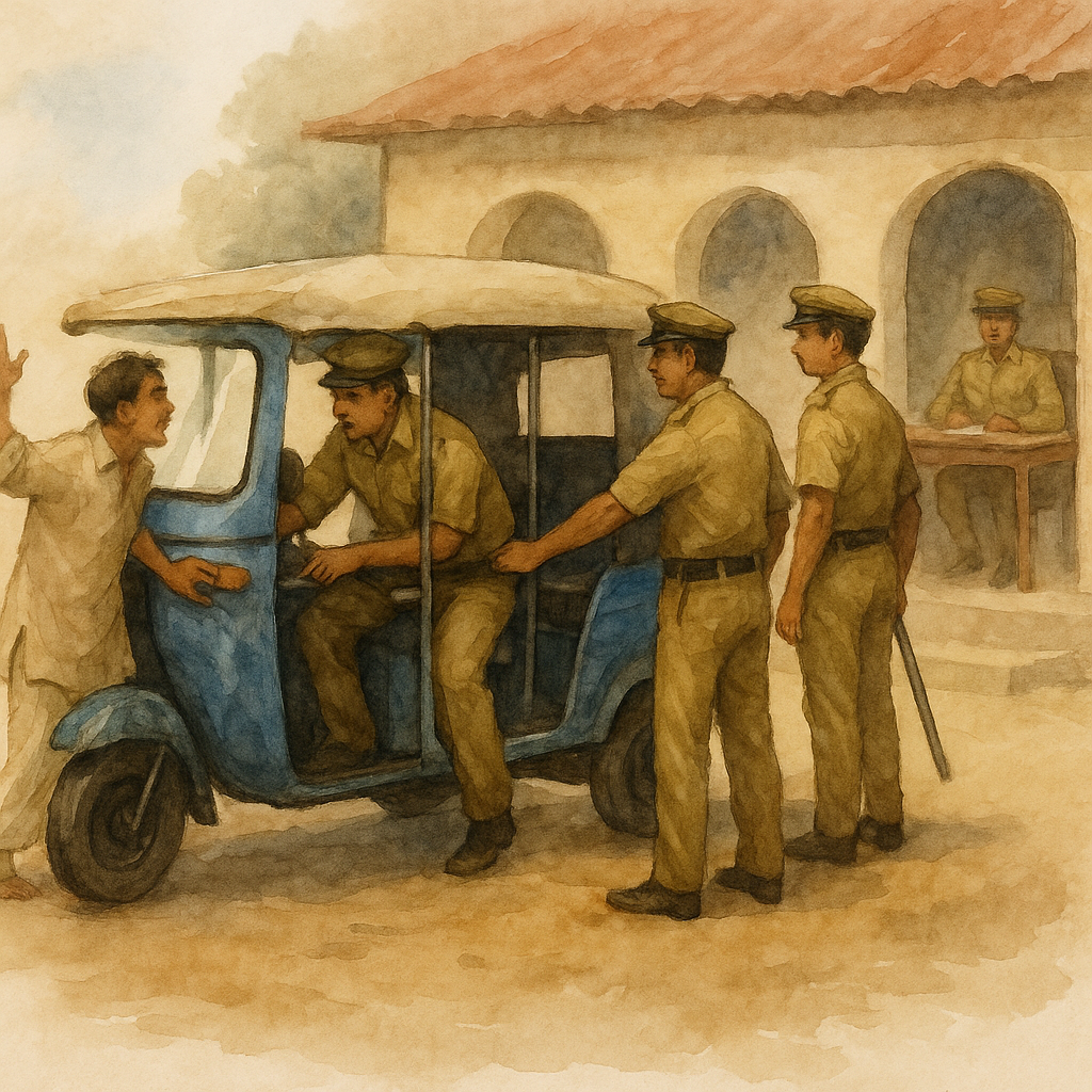 Watercolor illustration of police seizing an autorickshaw in rural Bihar, linked to Patna High Court vehicle confiscation case