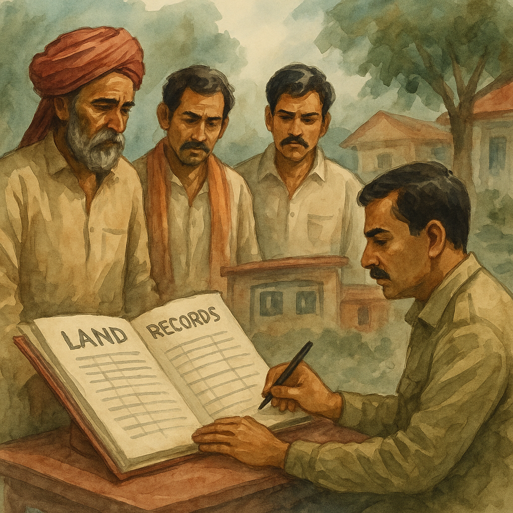 Watercolor illustration of villagers and an officer reviewing land records in Bihar, linked to Patna High Court judgment on mutation dispute