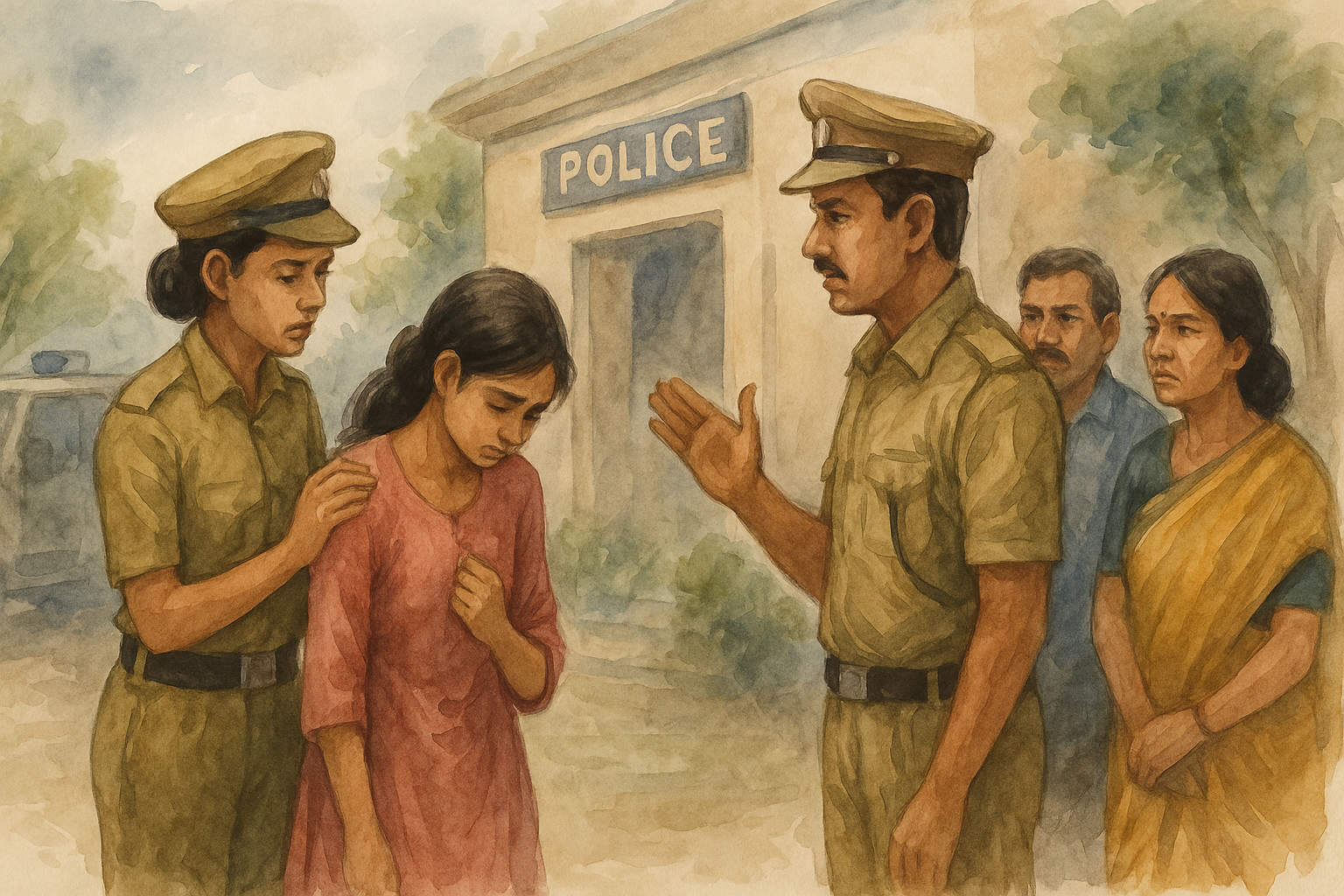 Watercolor illustration of a young girl with police and parents outside a police station in Bihar, linked to Patna High Court child protection case