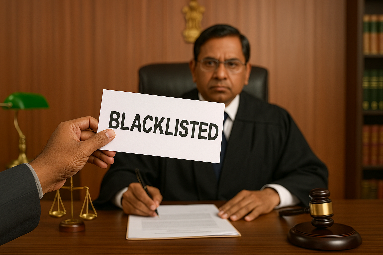 Indian courtroom illustration showing dispute over contractor blacklisting and clerical error decided by Patna High Court