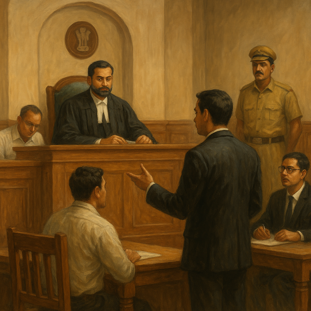 Indian courtroom painting showing High Court hearing on tax penalty dispute under Bihar VAT and Entry Tax Act