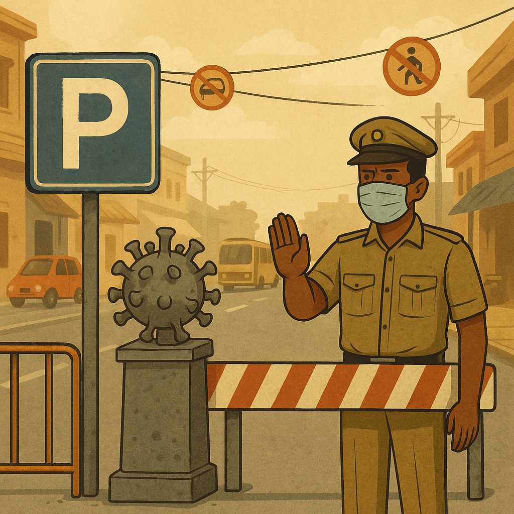 Indian street illustration showing parking sign, police barrier, and COVID-19 lockdown impact on parking contract dispute