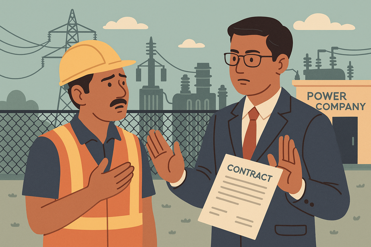 Illustration of outsourced worker disputing employment with power company official in India