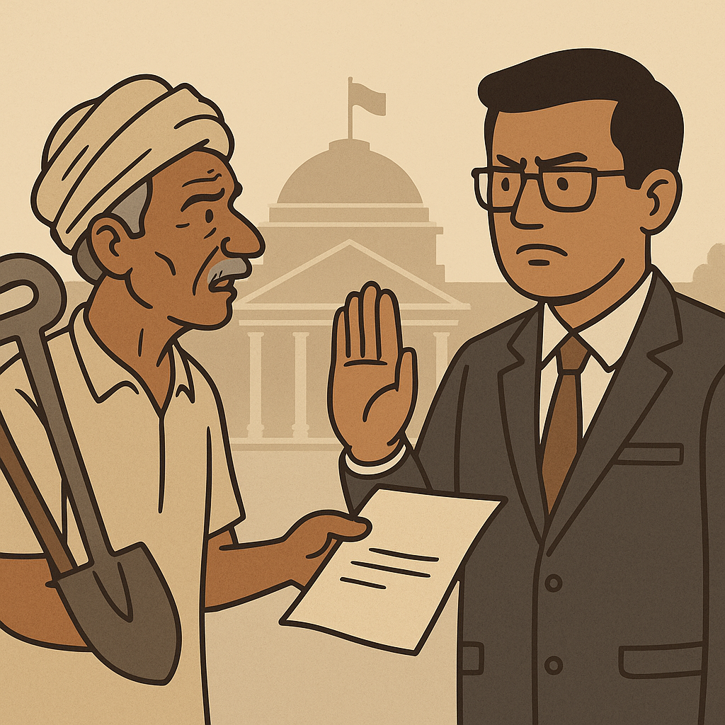 Illustration of retired work-charge employee disputing pension rights with government official in Bihar