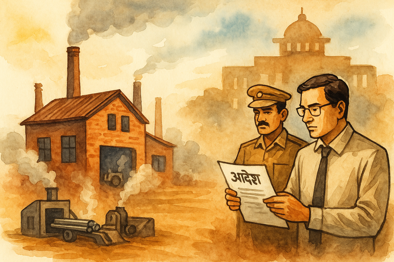Watercolor illustration showing officials inspecting an industrial factory after BIADA land cancellation order by Patna High Court.
