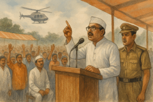 पटना उच्च न्यायालय का निर्णय: चुनावी सभा में अनुमति शर्तों के उल्लंघन पर दर्ज 188 आईपीसी मुकदमे को रद्द किया गया — 2025 Watercolor illustration of a political rally in India observed by police, depicting election meeting dispute decided by Patna High Court.