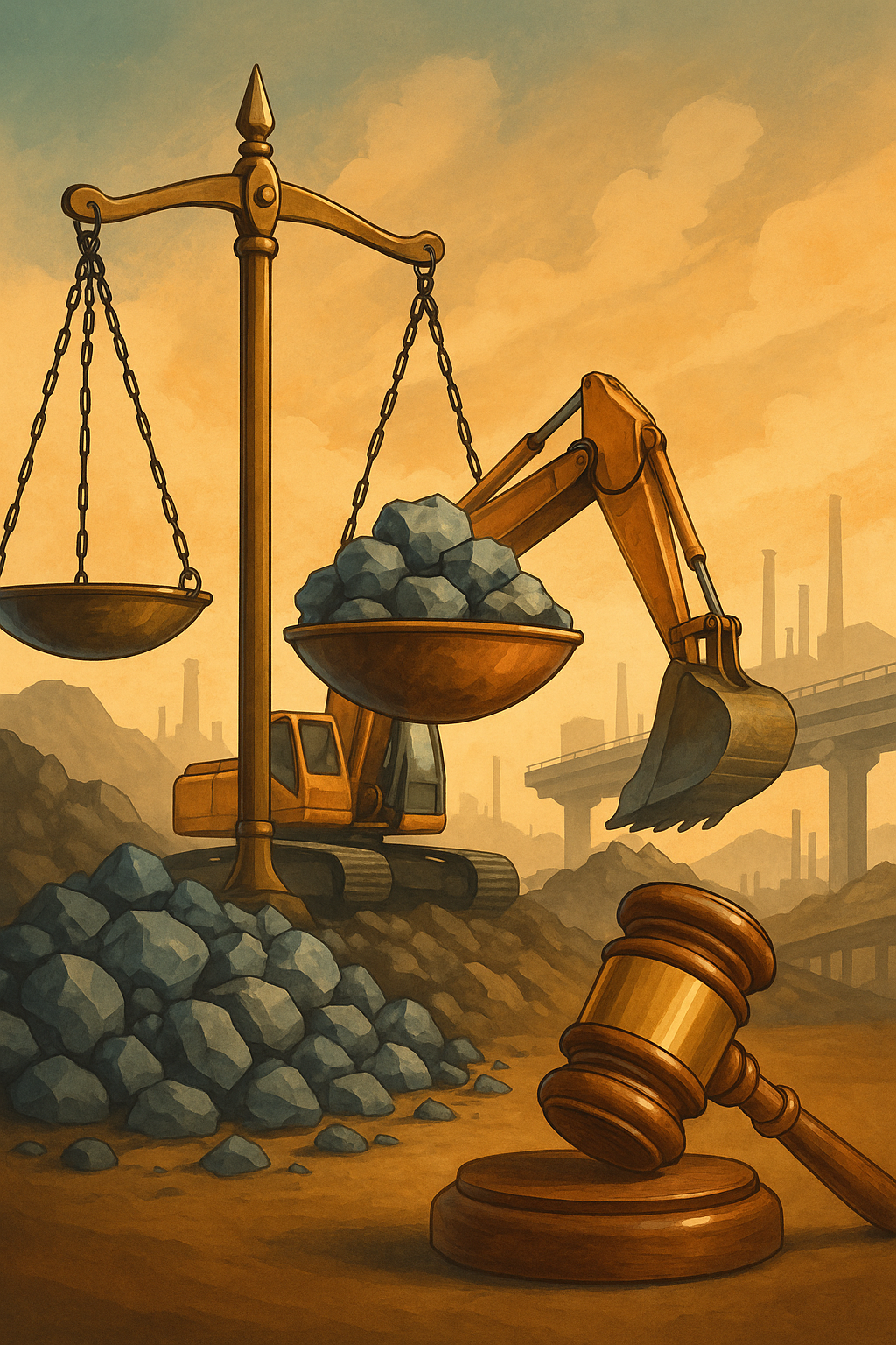 Creative illustration showing mining site, legal balance, and excavator symbolizing Patna High Court judgment on royalty and GST.