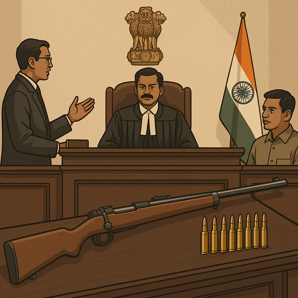 A courtroom illustration showing a licensed rifle and cartridges presented before an Indian judge in Patna High Court.