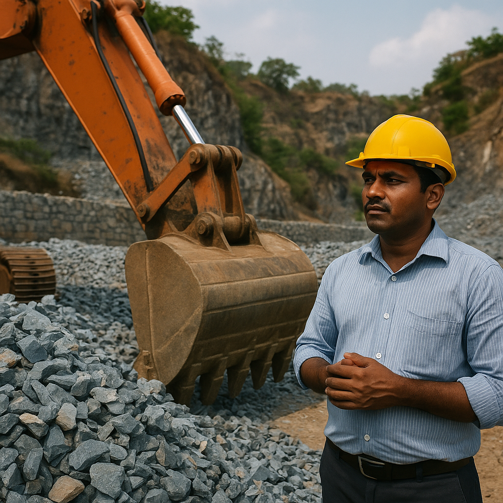 Quarry worker overseeing removal of stone chips at mining site in Bihar, reflecting Patna High Court judgment on GST and royalty.