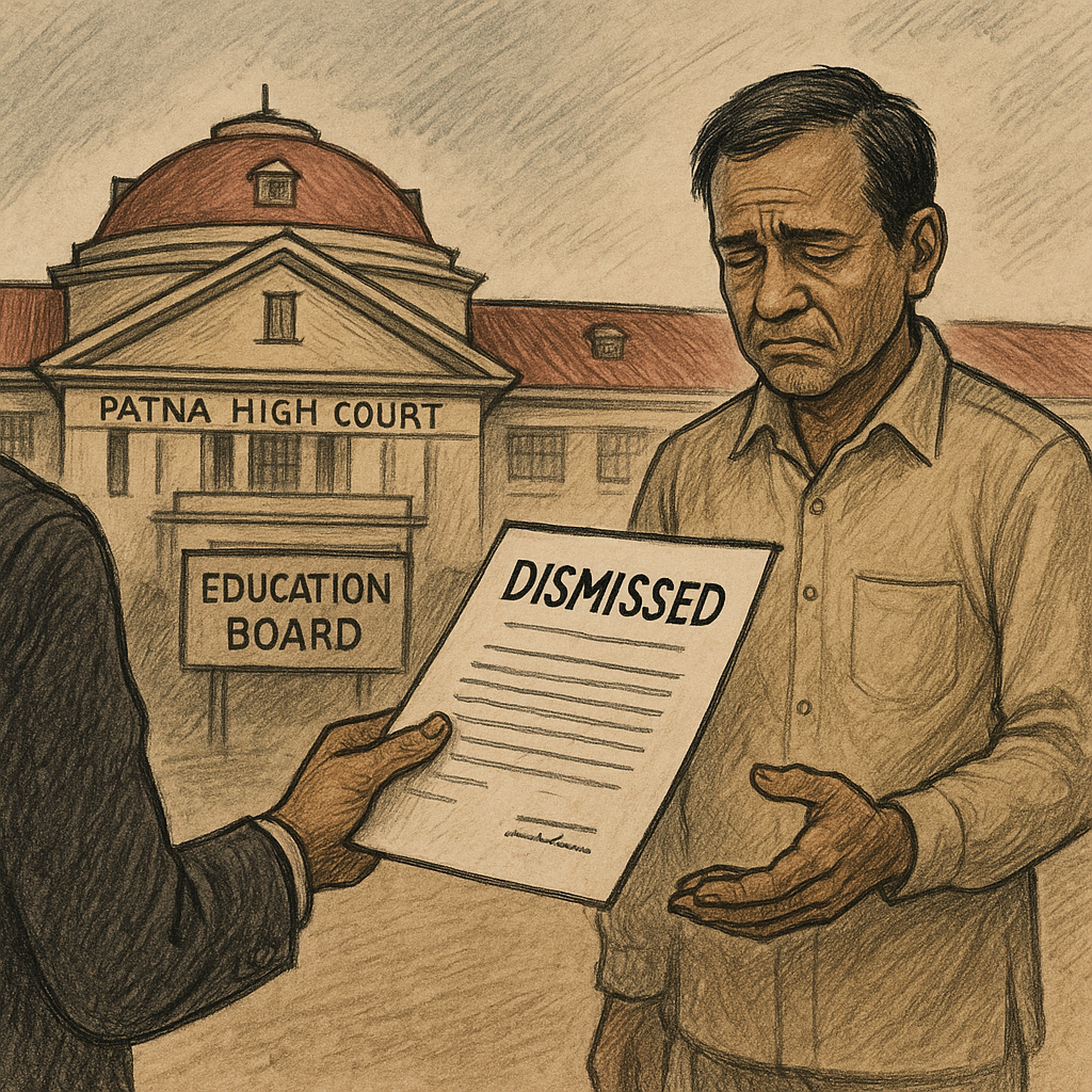 Hand-drawn illustration of Patna High Court judgment on dismissal of government employee after criminal conviction in Bihar