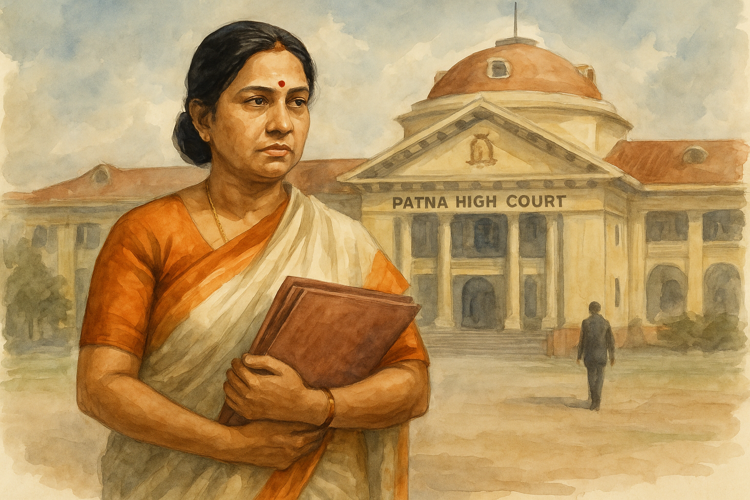 Watercolor illustration of an Indian woman standing before Patna High Court, symbolizing a university employee’s pension and pay fixation dispute.