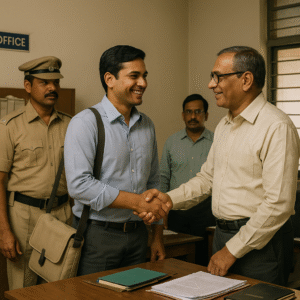 पटना हाईकोर्ट ने भ्रष्टाचार जाल मामले में बर्खास्तगी रद्द की, पुनः नियुक्ति का आदेश दिया (2025) Scene of a government employee being reinstated in Bihar office after Patna High Court judgment in vigilance trap case