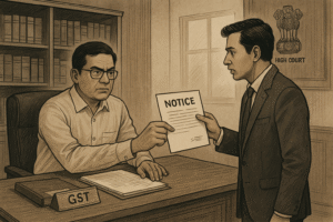 पटना उच्च न्यायालय का जीएसटी जांच और नोटिस प्रक्रिया पर महत्वपूर्ण फैसला 2024: करदाताओं के लिए ज़रूरी जानकारी Courtroom illustration showing GST officer handing notice to businessman during tax scrutiny at Patna High Court