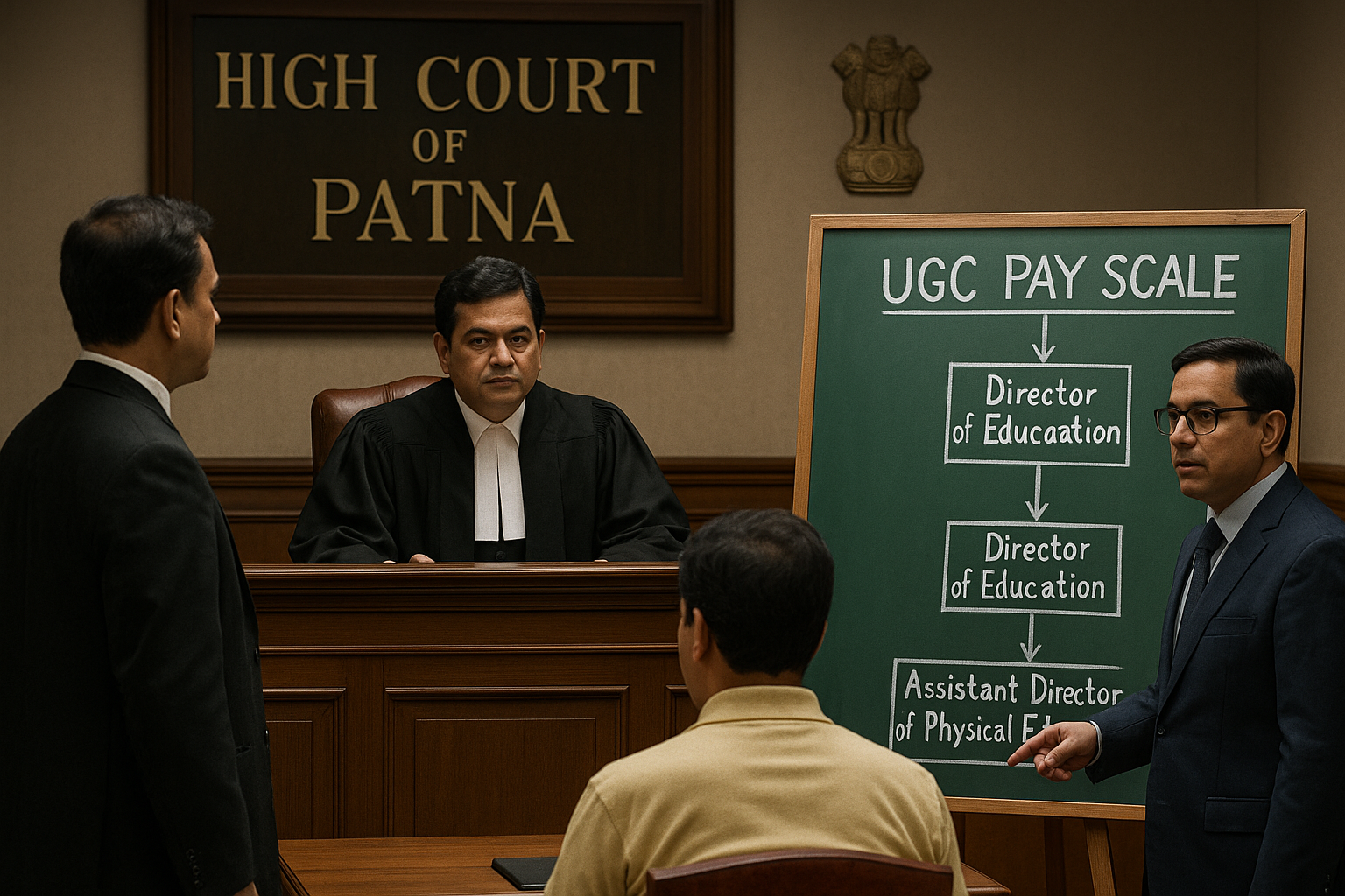 Courtroom illustration showing Patna High Court hearing on UGC pay scale and promotion rights of Physical Education personnel in Bihar universities.