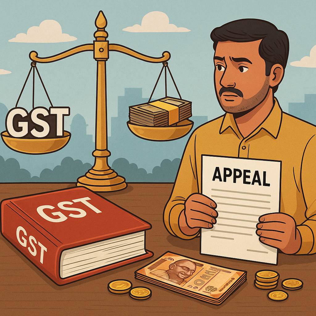 Illustration of a taxpayer filing delayed GST appeal with balance scale and CBIC relief concept by Patna High Court.