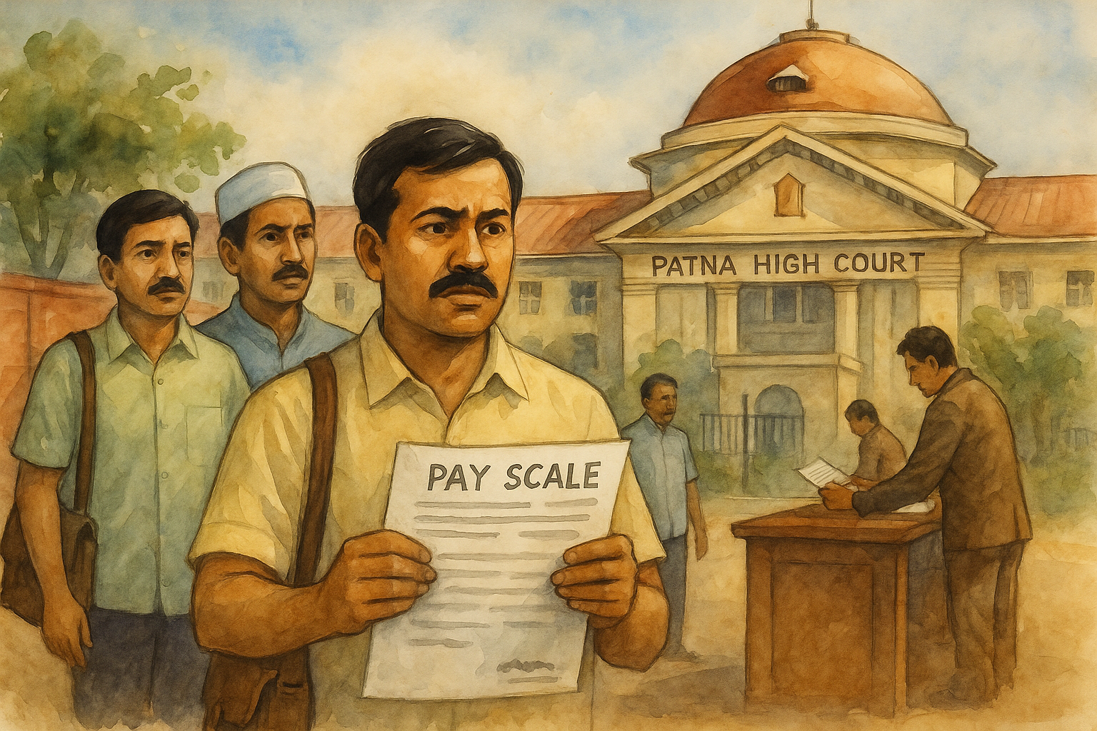 Watercolor illustration showing Indian school clerks seeking higher pay scale relief before Patna High Court, Bihar.