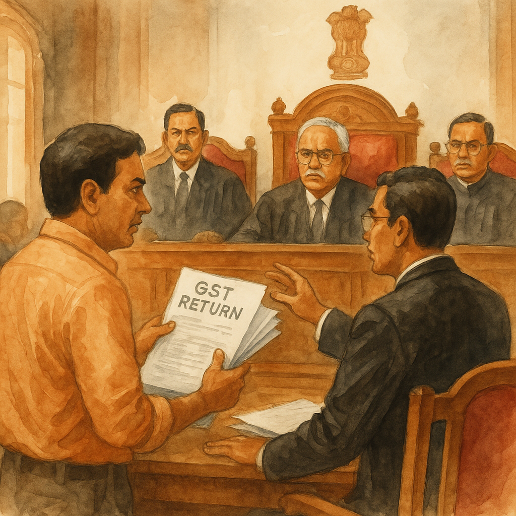 Courtroom illustration showing a taxpayer and lawyer presenting delayed GST return before judges at Patna High Court.