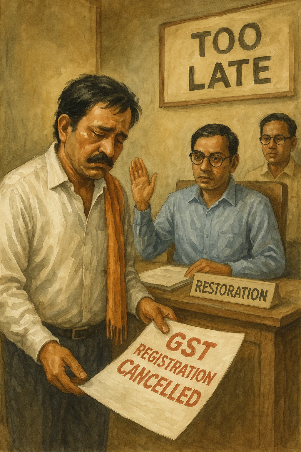 Watercolor illustration of Indian tax officer refusing late GST registration restoration to businessman in Bihar government office.