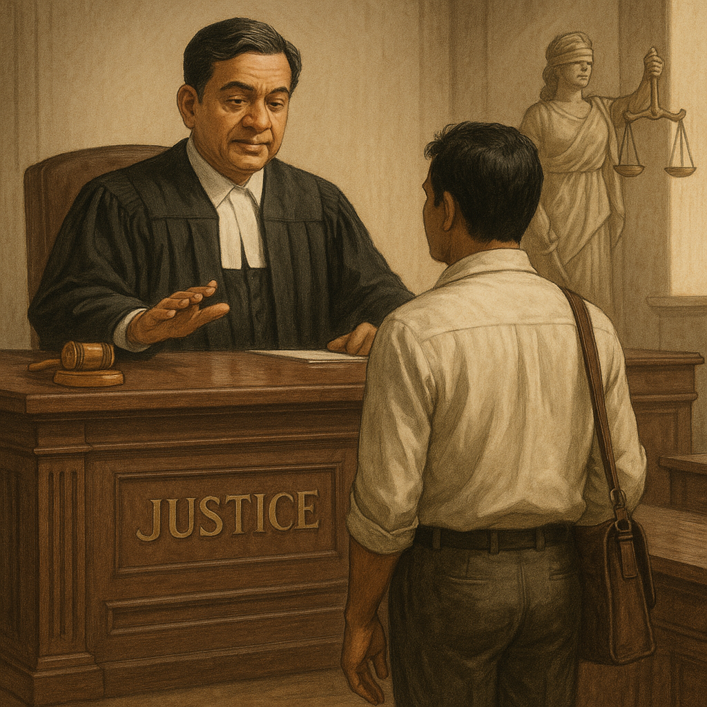 Courtroom illustration showing Indian judge reinstating a government employee after wrongful dismissal under Rule 18(2)