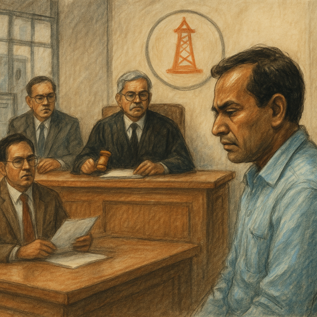 Pastel illustration showing a disciplinary hearing scene of a PSU employee before officials, reflecting Patna High Court’s no evidence judgment.