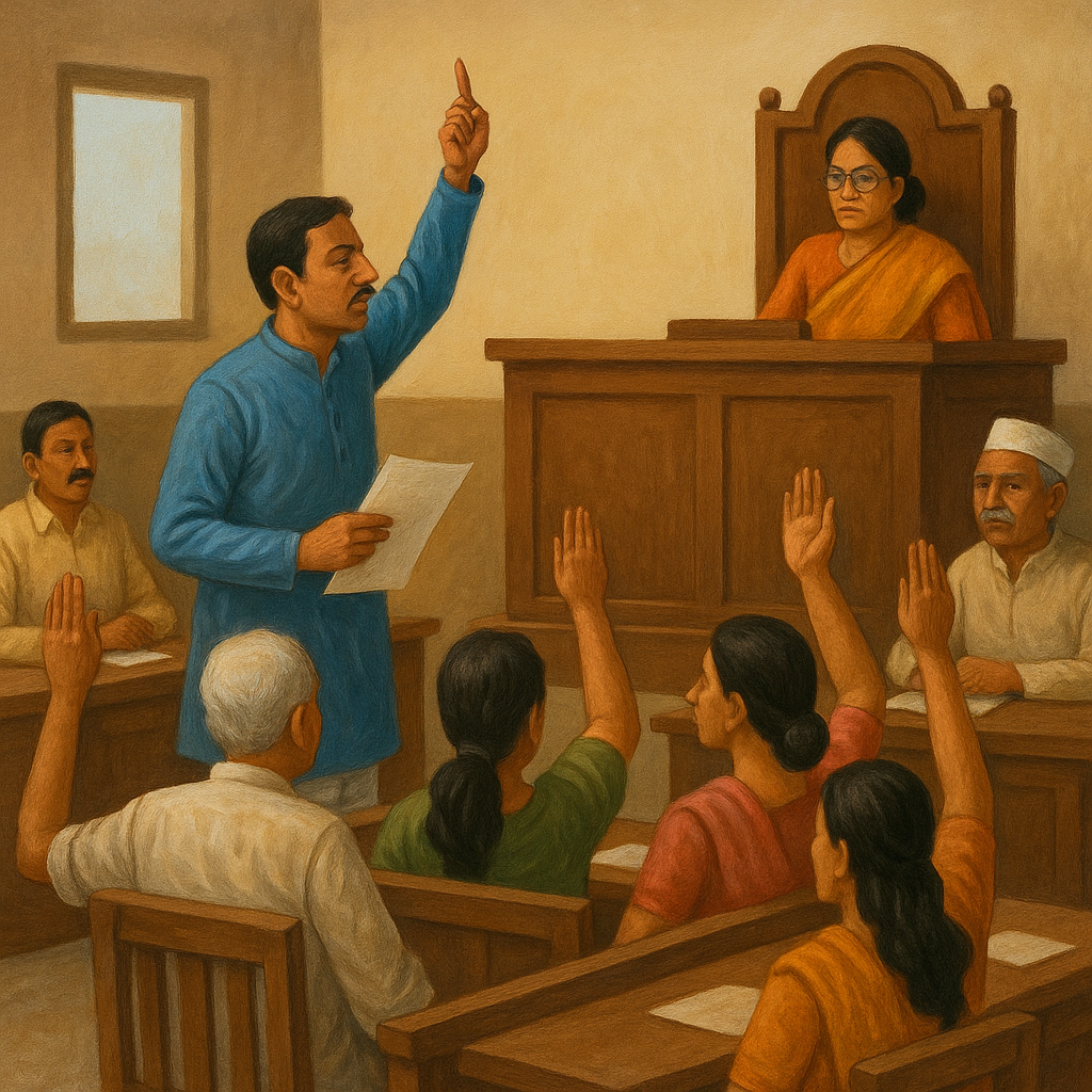 Indian municipal council members raising hands during a no-confidence motion, as discussed in Patna High Court judgment 2021.