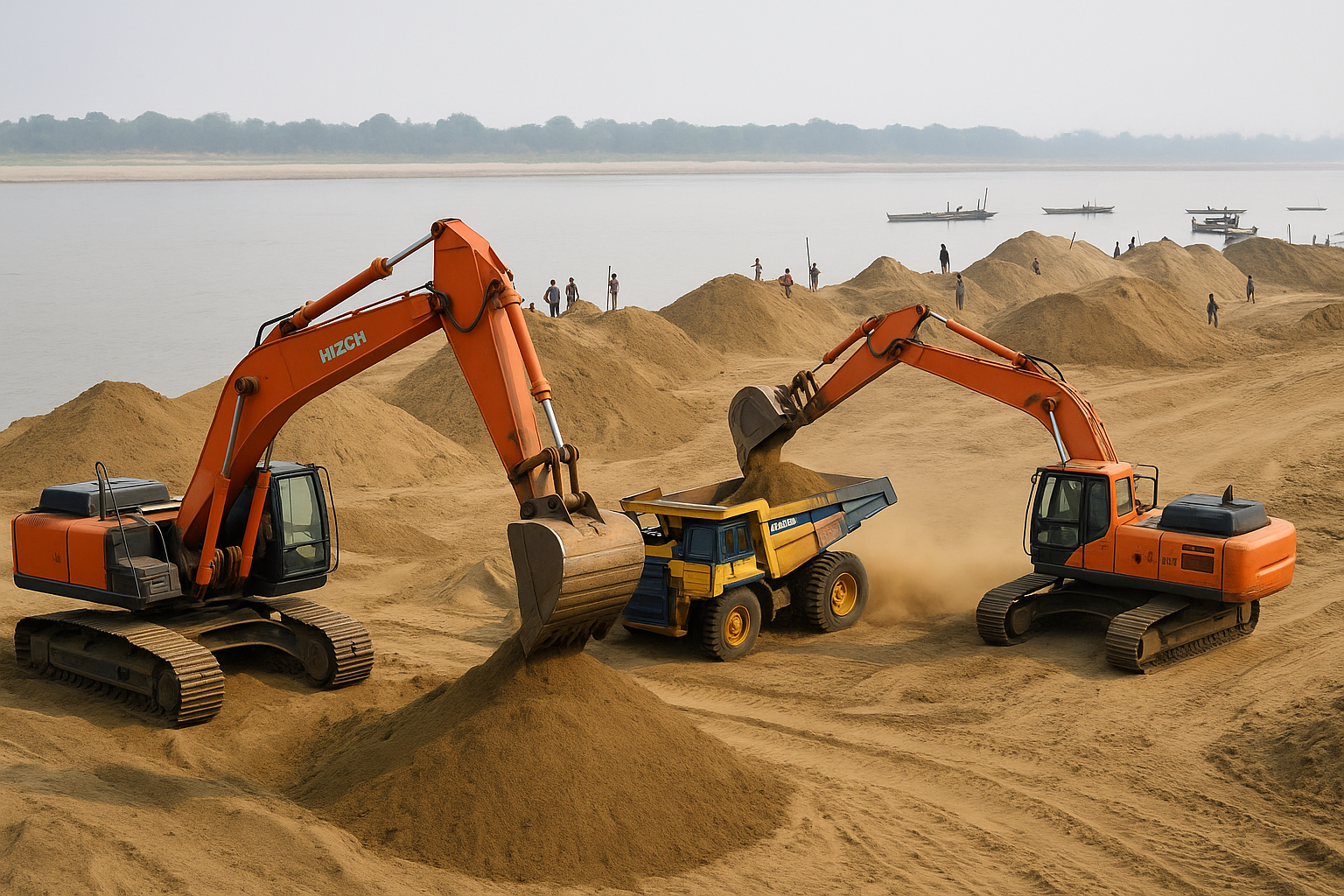Sand mining operation along a riverbank in Bihar with excavators and trucks, reflecting Patna High Court judgment on lease extension.
