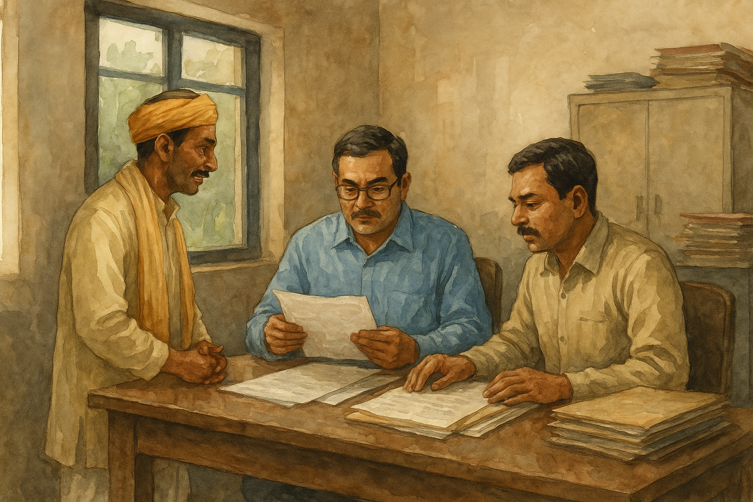 Watercolor illustration showing officials reviewing tender documents in a rural Indian office, symbolizing Patna High Court’s judgment on rectifiable tender defects.