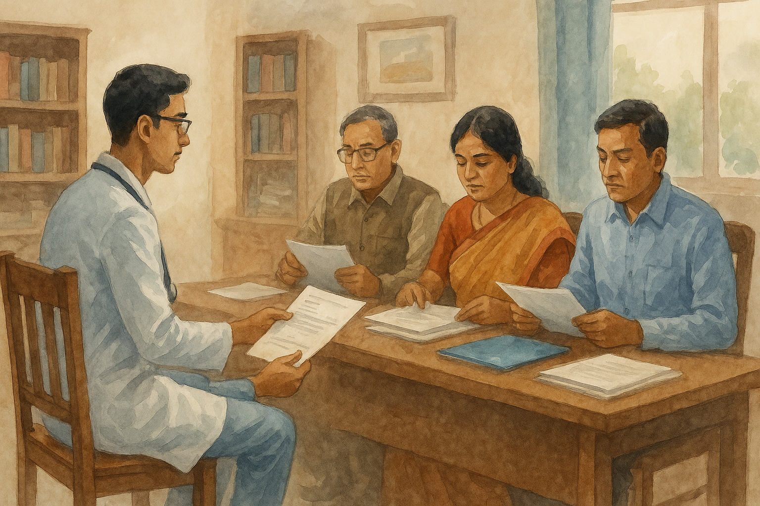 Watercolor illustration of a medical college interview scene where a doctor presents documents to a selection committee, symbolizing Patna High Court’s IGIMS recruitment judgment.