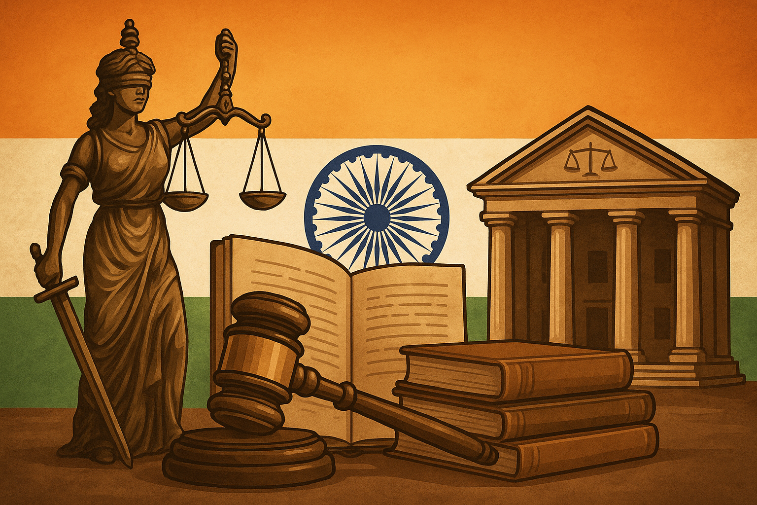 Digital illustration of Indian justice system showing Lady Justice, legal books, and courthouse symbolizing Patna High Court ruling on reservation error in recruitment.